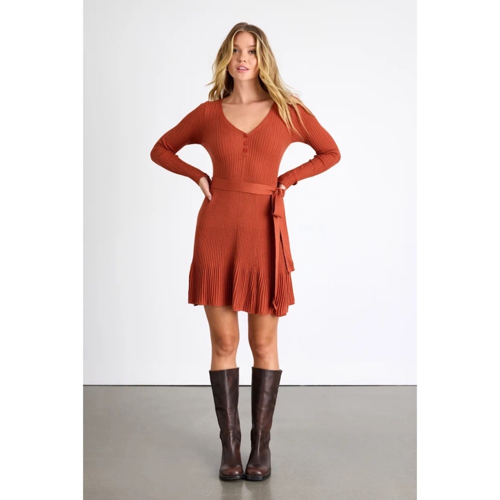 NWT! Lulus - Cozy Poise Rust Orange Henley Long Sleeve Mini Sweater Dress - XL